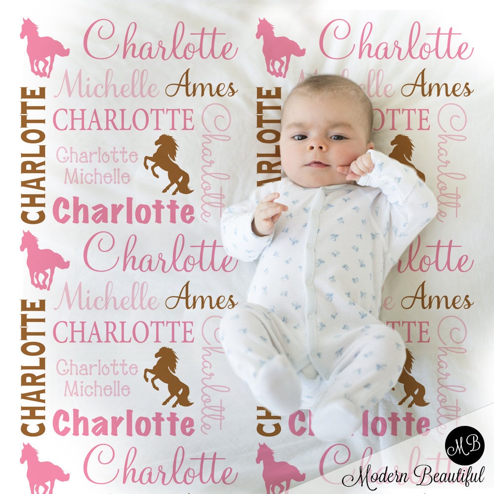 Horse personalized baby blanket, newborn wild horses girls name blanket, horse baby swaddle, horse theme baby gift, (CHOOSE COLORS)