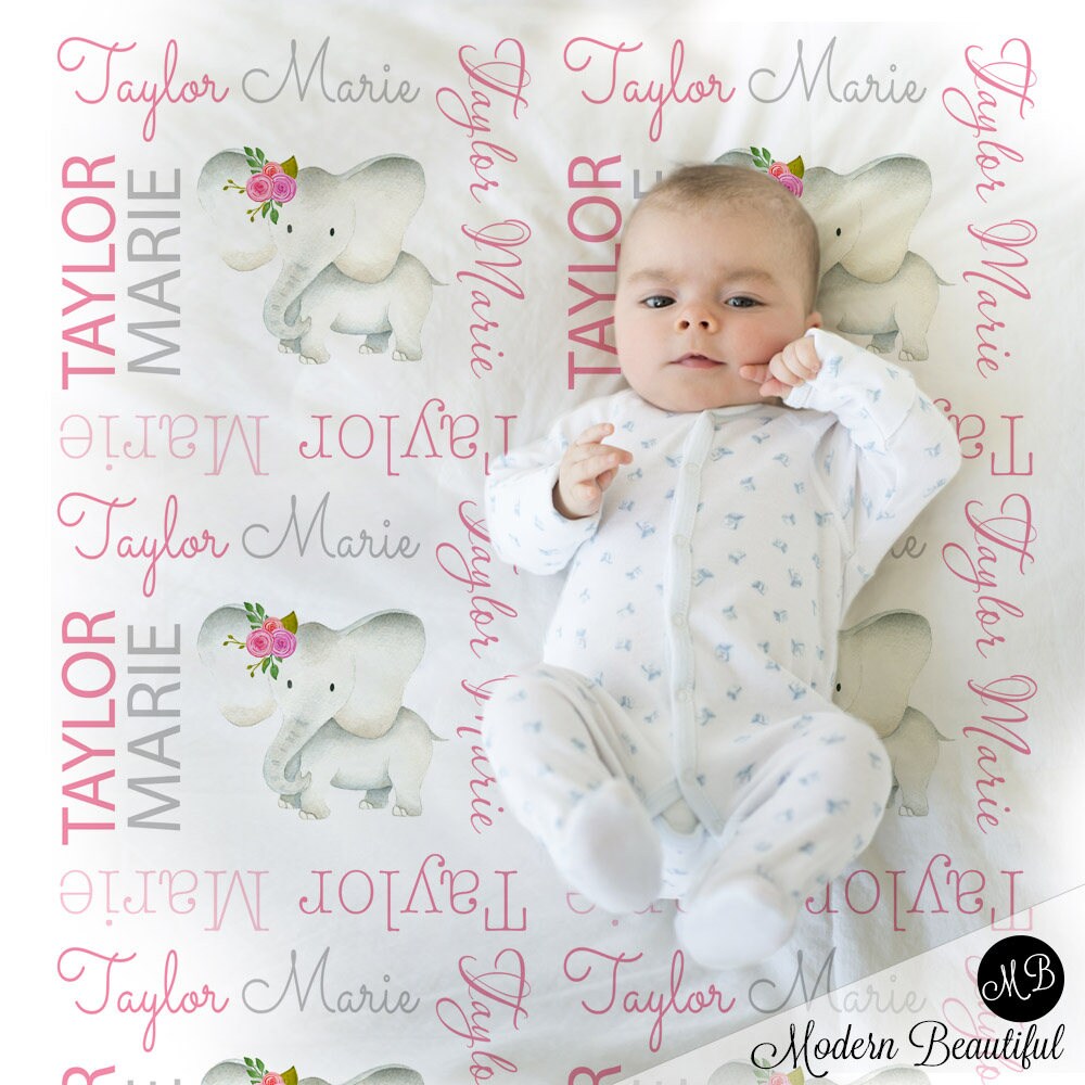 Baby girl elephant name blanket in pink and gray, personalized baby gift, blanket, baby blanket, personalized blanket, choose colors