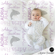 Shark baby blanket, baby girl personalized name blanket, shark boy or girl swaddle, shark baby gift, purple and gray sharks (CHOOSE COLORS)