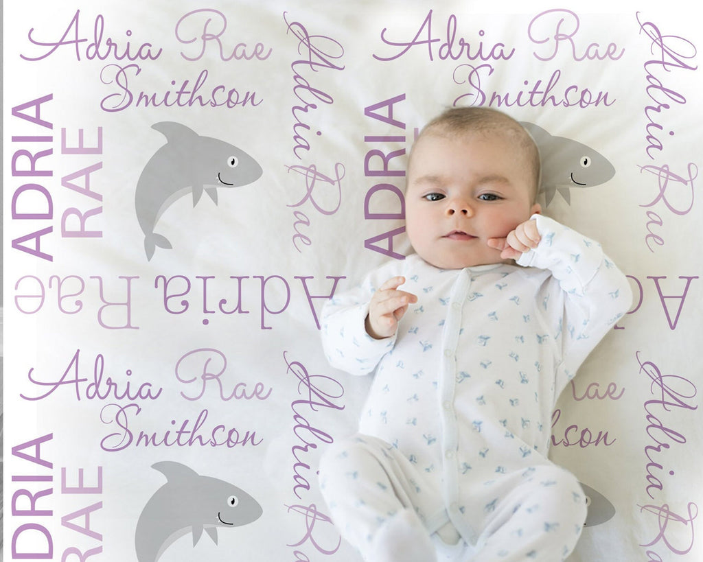 Shark baby blanket, baby girl personalized name blanket, shark boy or girl swaddle, shark baby gift, purple and gray sharks (CHOOSE COLORS)