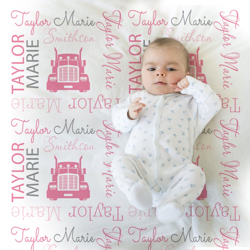 Trucker baby blanket, personalized girl diesel baby blanket, newborn pink big rig baby gift, truck driver, toddlers big kids (CHOOSE COLORS)