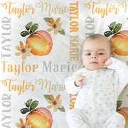 Personalized girl peach baby blanket, orange and white newborn peaches baby gift with name, watercolor, toddler or big kids (CHOOSE COLORS)