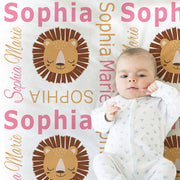 Boho Lion baby newborn blanket, girl pink and brown personalized name blanket, boho baby girl lion gift, baby boy or girl, (CHOOSE COLORS )