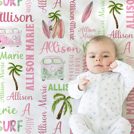 Surfer baby name blanket, personalized girls pink surfboard blanket, newborn beach palm tress baby shower gift, pink and white