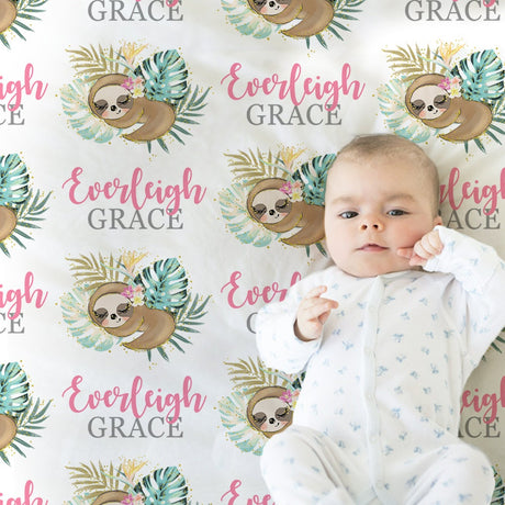 Sloth girl baby blanket, pretty floral sloth blanket with name, personalized newborn sloth gift, pretty sloth swaddle blanket (CHOOSE COLOR)