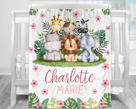 Safari Animals baby blanket, girl personalized safari baby gift, safari nursery