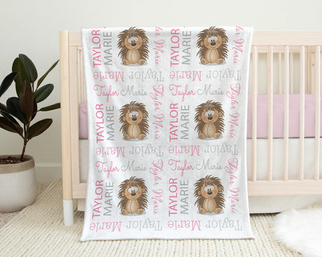 Hedgehog baby blanket, pink girl personalized hedgehog blanket with name, newborn baby hedgehogs gift, baby girl swaddle (CHOOSE COLORS)