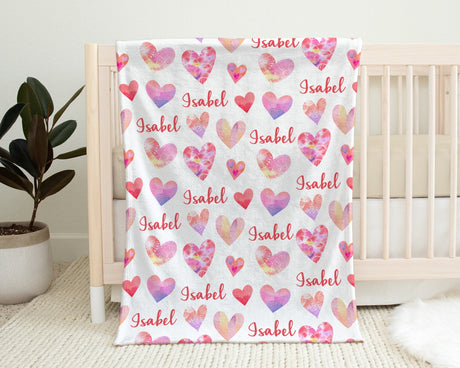 Valentines baby blanket, watercolor hearts personalized newborn baby gift, Valentine's Kids Blanket, hearts girl gift, heart swaddle blanket