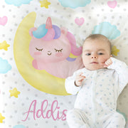 Unicorn baby blanket, unicorn sleeping on moon with stars and clouds, baby girl gift, personalized cuddle blanket, newborn, swaddle