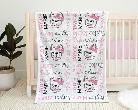 French bulldog baby girl blanket, personalized girls puppy name blanket, newborn bulldog baby gift, frenchie baby swaddle dog blanket