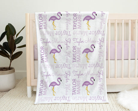 Flamingo baby girl blanket, newborn personalized swaddle name blanket, purple flamingo baby gift, baby blanket with flamingos