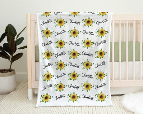 Sunflowers floral baby blanket, personalized sunflower newborn name blanket, flowers baby gift, sunflower swaddle with script name