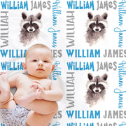 Personalized raccoon baby blanket, newborn baby name blanket with raccoons, raccoon baby boys blanket, cute animal baby boys gift