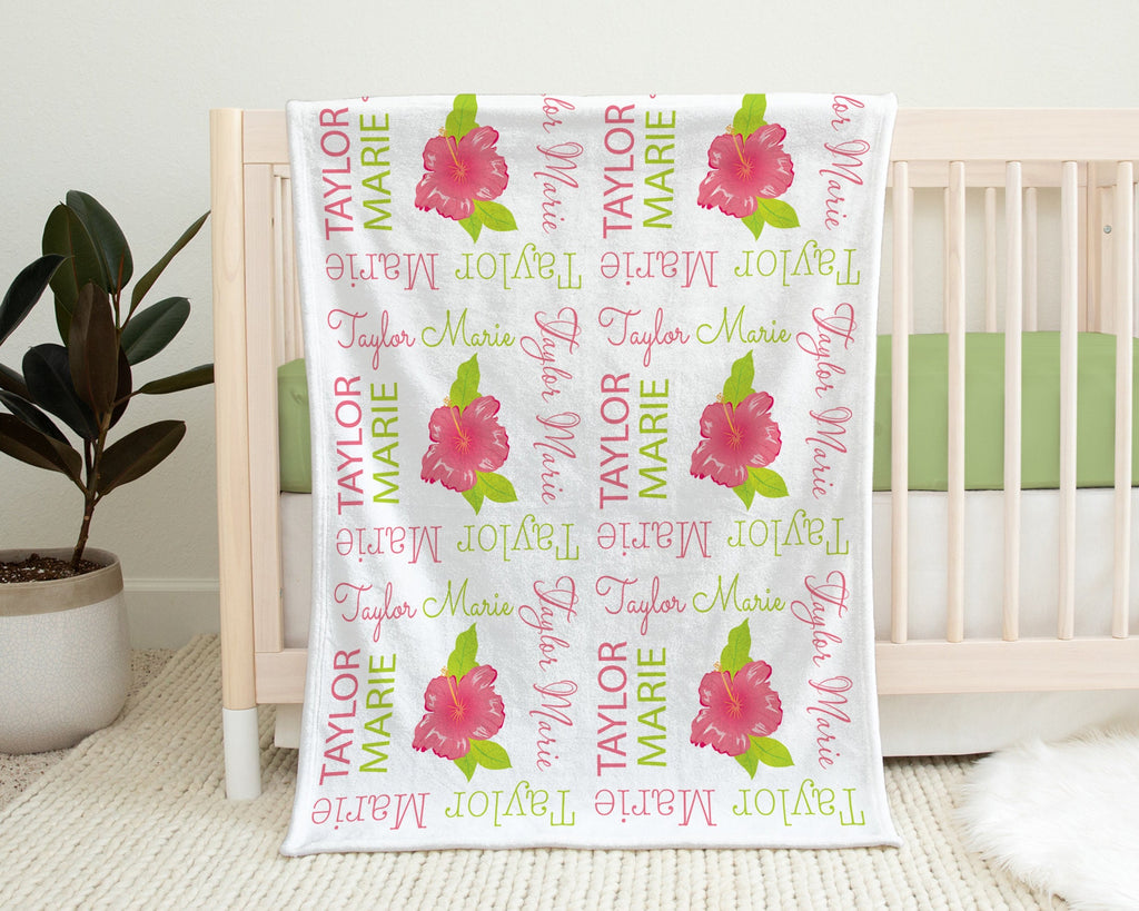 Hibiscus flower baby blanket, baby girl personalized Hawaiian floral blanket, newborn tropical swaddle, Hawaiian baby gift, (CHOOSE COLOR)
