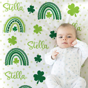 Rainbow shamrock personalized baby blanket, st patricks lucky girls name swaddle blanket, clover newborn baby gift, (CHOOSE COLORS)