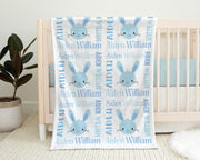 Blue Easter baby blanket, personalized rabbit swaddle blanket, Easter baby gift, boys blue personalized name blanket, kids Easter blanket