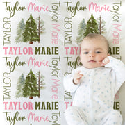 Forest baby blanket, girls or boys pine tree name blanket, pinetree woodland theme swaddle, personalized forest baby gift, (CHOOSE COLORS)