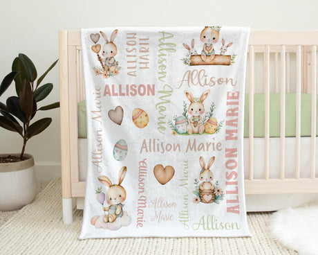 Newborn rabbit baby girls blanket, personalized bunny swaddle name blanket, cute Easter rabbit kids blanket, rabbit baby gift (CHOOSE COLOR)