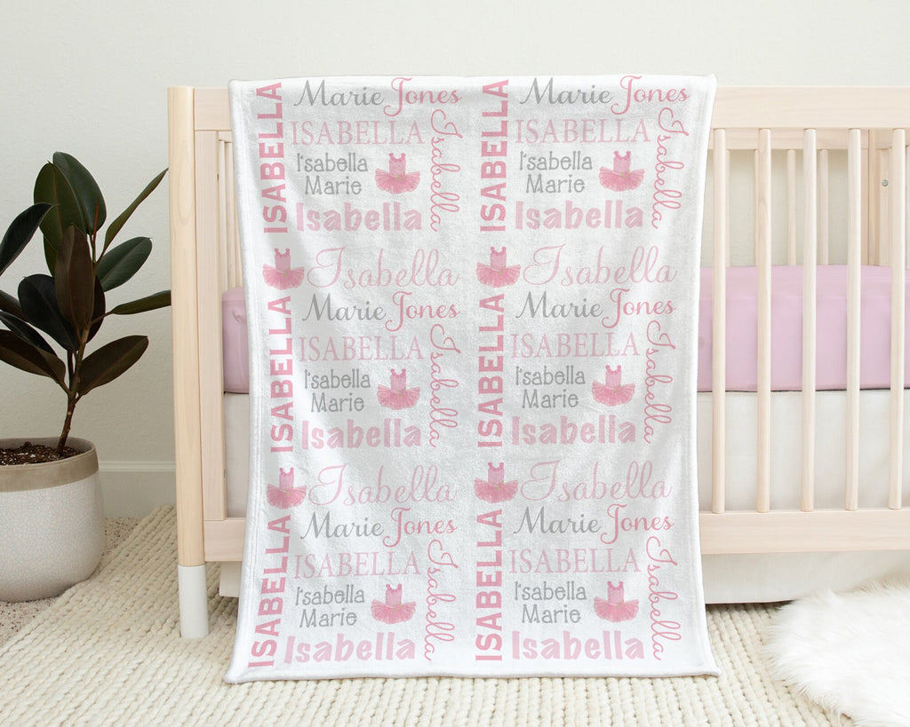 Personalized ballet theme baby blanket, tutu girls blanket with name, newborn ballet tutu baby gift, ballet baby swaddle, pink and mint