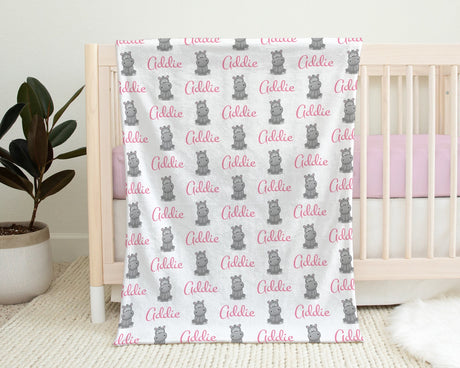 Baby girl hippo name blanket, hippo swaddle blanket, boy or girl, personalized hippo baby gift, custom hippo name blanket, hippo baby gift