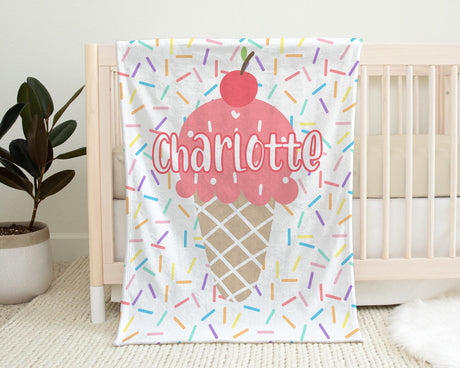 Ice cream newborn blanket, summer baby girl name blanket, pink personalized ice cream blanket with sprinkles, ice cream gift (CHOOSE COLORS)