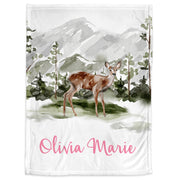 Baby girl deer mountain name blanket, wilderness forest trees baby blanket, personalized baby gift with deer, pink baby girl gift with deer