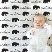 Black bear baby blanket, newborn black and white bears name blanket, girl bear personalized baby gift, forest animal swaddle (CHOOSE COLORS)