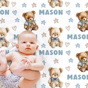 Personalized teddy bear baby blanket, newborn boys swaddle blanket with name, blue and brown stuffed bears baby gift (CHOOSE COLORS)