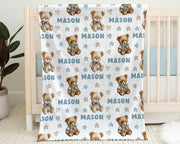 Personalized teddy bear baby blanket, newborn boys swaddle blanket with name, blue and brown stuffed bears baby gift (CHOOSE COLORS)