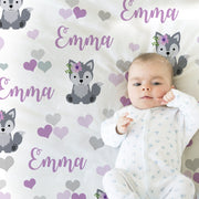 Wolf baby blanket, girls purple wolf personalized blanket, floral wolf swaddle name blanket, newborn wolf hearts baby gift, (CHOOSE COLORS)