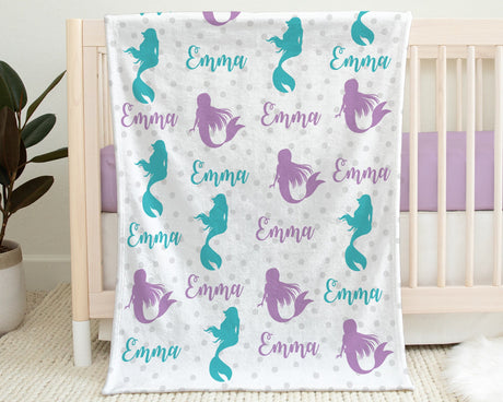 Personalized aqua mermaid baby blanket, newborn mermaids girls blanket with name, mermaid baby nursery swaddle, mermaid theme baby gift