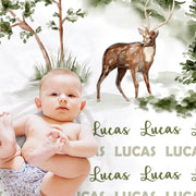 Personalized forest deer baby blanket, newborn elk swaddle blanket with name, trees, nature blanket boy wilderness baby gift (CHOOSE COLORS)