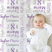 Personalized monogram baby blanket, monogrammed girls name blanket, purple and gray swaddle blanket, newborn gift with name only initials