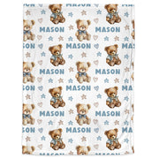 Personalized teddy bear baby blanket, newborn boys swaddle blanket with name, blue and brown stuffed bears baby gift (CHOOSE COLORS)