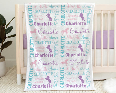 Personalized unicorn baby blanket, newborn baby girl swaddle blanket with name, pink and purple baby gift with unicorns, (CHOOSE COLORS)