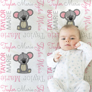 Koala bear baby blanket, baby girl personalized koala name swaddle blanket, newborn koalas baby gift in pink and gray (CHOOSE COLORS)