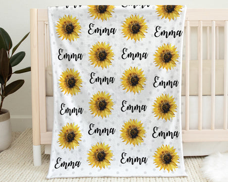 Chic sunflower baby blanket, girl blanket with sunflowers and name, baby girl personalized newborn flower swaddle blanket, floral baby gift