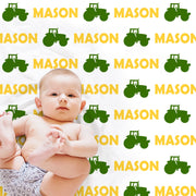 Tractor baby boys blanket, personalized baby farm newborn name blanket, tractors baby gift, green and yellow tractors swaddle blanket