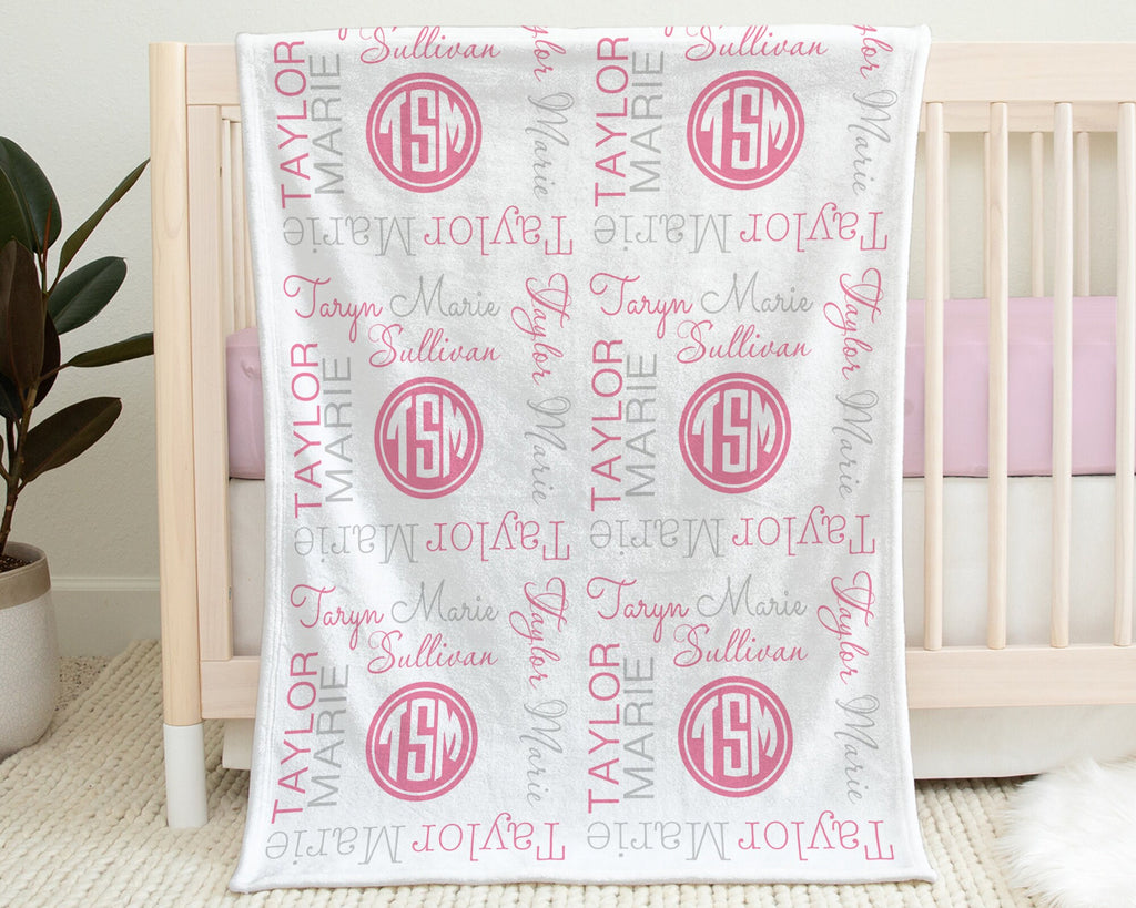 Monogram baby girl blanket, newborn baby name blanket, personalized round monogram initials baby gift, pink and gray swaddle (CHOOSE COLORS)