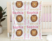 Boho Lion baby newborn blanket, girl pink and brown personalized name blanket, boho baby girl lion gift, baby boy or girl, (CHOOSE COLORS )