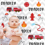 Fire truck blanket, firefighter personalized blanket, firetrucks fireman name swaddle blanket, newborn boy or girls firetruck baby gift