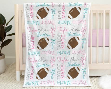 Girl football blanket, personalized football swaddle name blanket, team colors newborn baby gift, any sports team colors (CHOOSE COLORS)