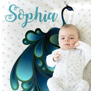 Peacock baby blanket with name, newborn blanket with peacocks, baby girl personalized peacock gift, teal and white nursery (CHOOSE COLORS)