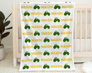 Tractor baby boys blanket, personalized baby farm newborn name blanket, tractors baby gift, green and yellow tractors swaddle blanket