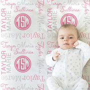 Monogram baby girl blanket, newborn baby name blanket, personalized round monogram initials baby gift, pink and gray swaddle (CHOOSE COLORS)