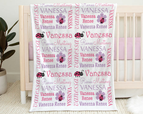 Lady bug baby blanket, ladybug and flower spring swaddle blanket, personalized newborn ladybug blanket with name, girls ladybugs gift