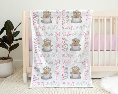 Lamb baby newborn blanket, girl personalized sheep name blanket, pink and gray sheep swaddle blanket, lamb sheep baby gift, (CHOOSE COLORS )