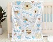 Bee boy baby blanket, bumble bee name blanket, personalized newborn swaddle blanket with bees and hearts, valentines boys baby gift blue bee