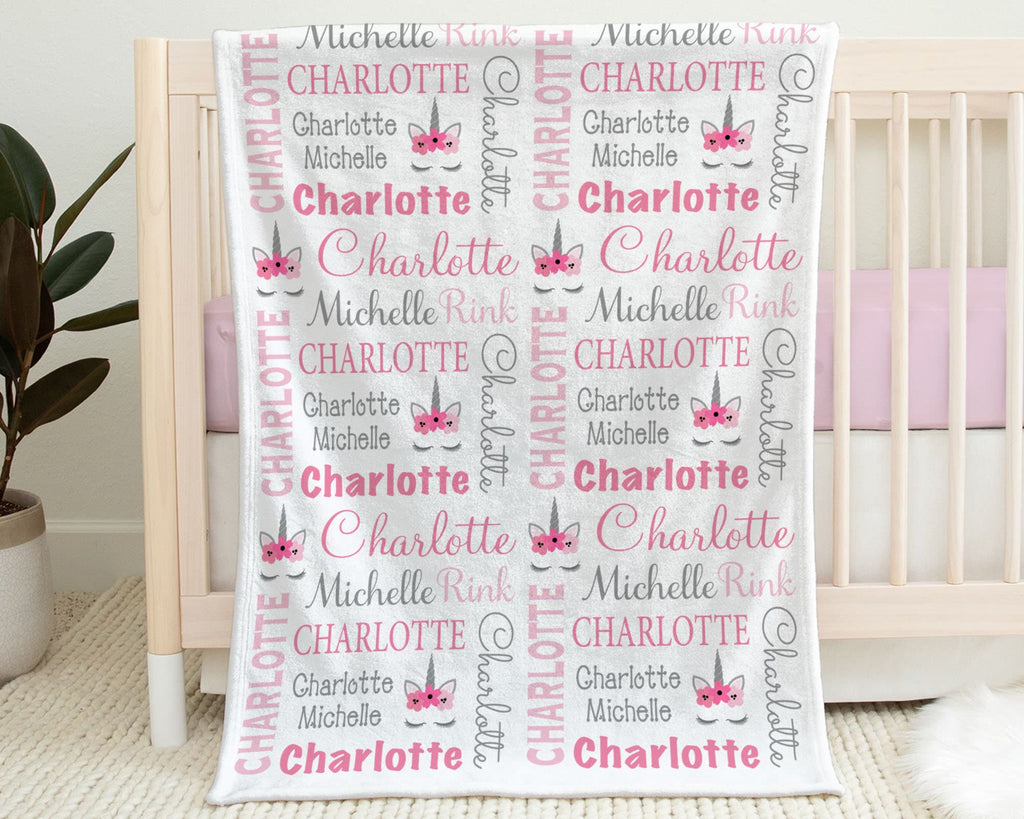 Baby unicorn name blanket, personalized unicorns swaddle blanket, pink newborn baby girl blanket with unicorn, unicorn lashes baby gift