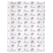 Purple baby girl elephant name blanket, personalized elephant swaddle blanket, newborn baby gift with elephants, elephants purple blanket